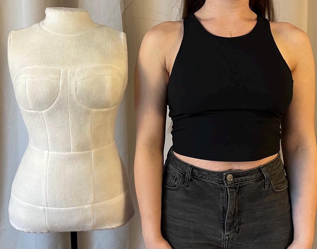 comparison view with model next to Armless Custom Dress Form from 3D body scan